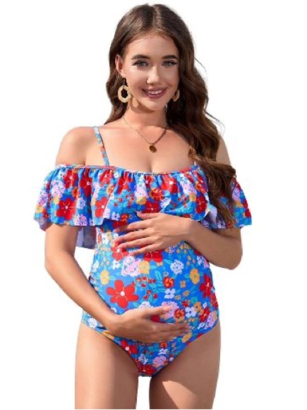 Maternity Multicolor Floral One-Piece Swimsuit - Red, Blue, Orange, Pink
